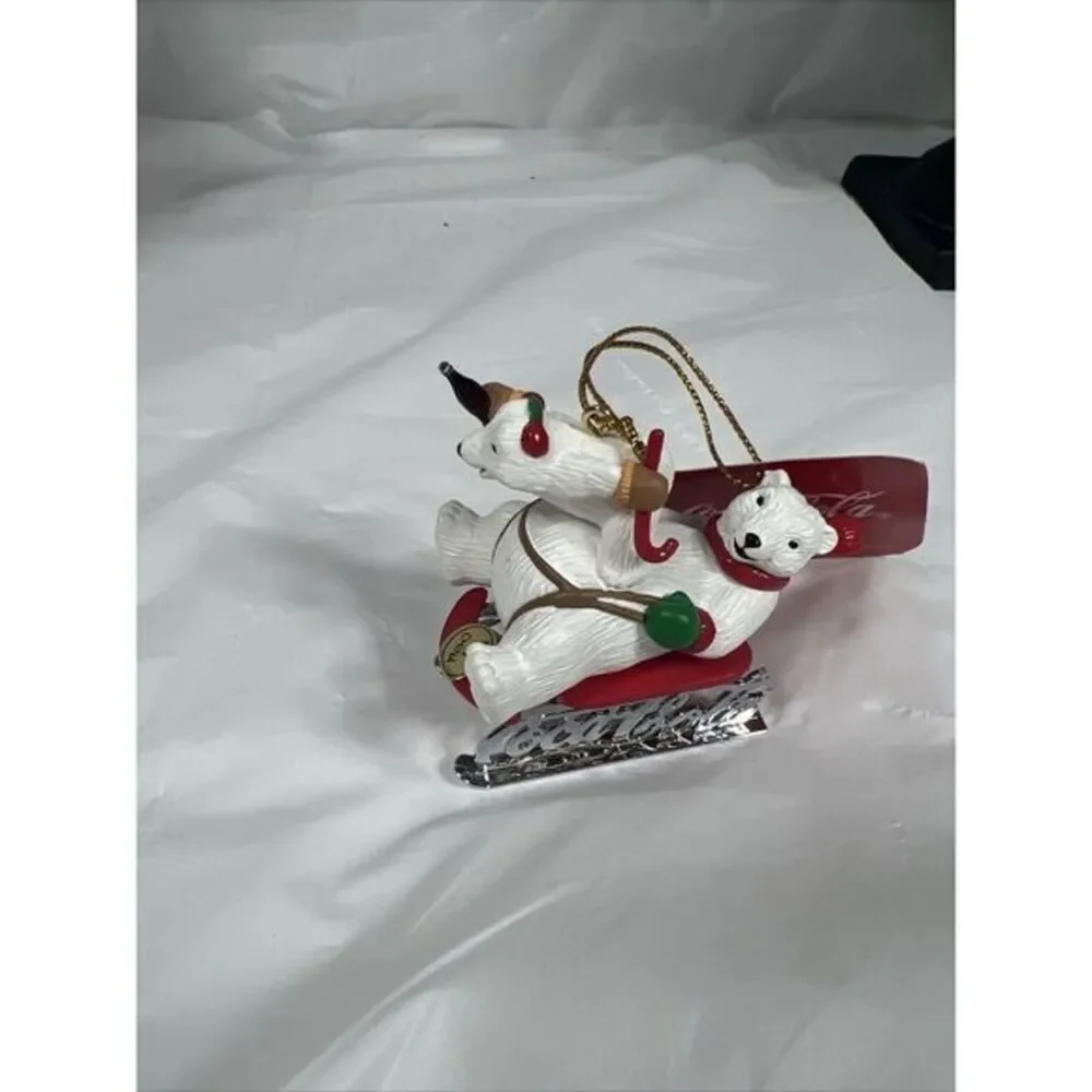 1997 Coca-Cola Polar Bear Collection‎ Coke 2 Bears Sled Christmas Ornament VTG